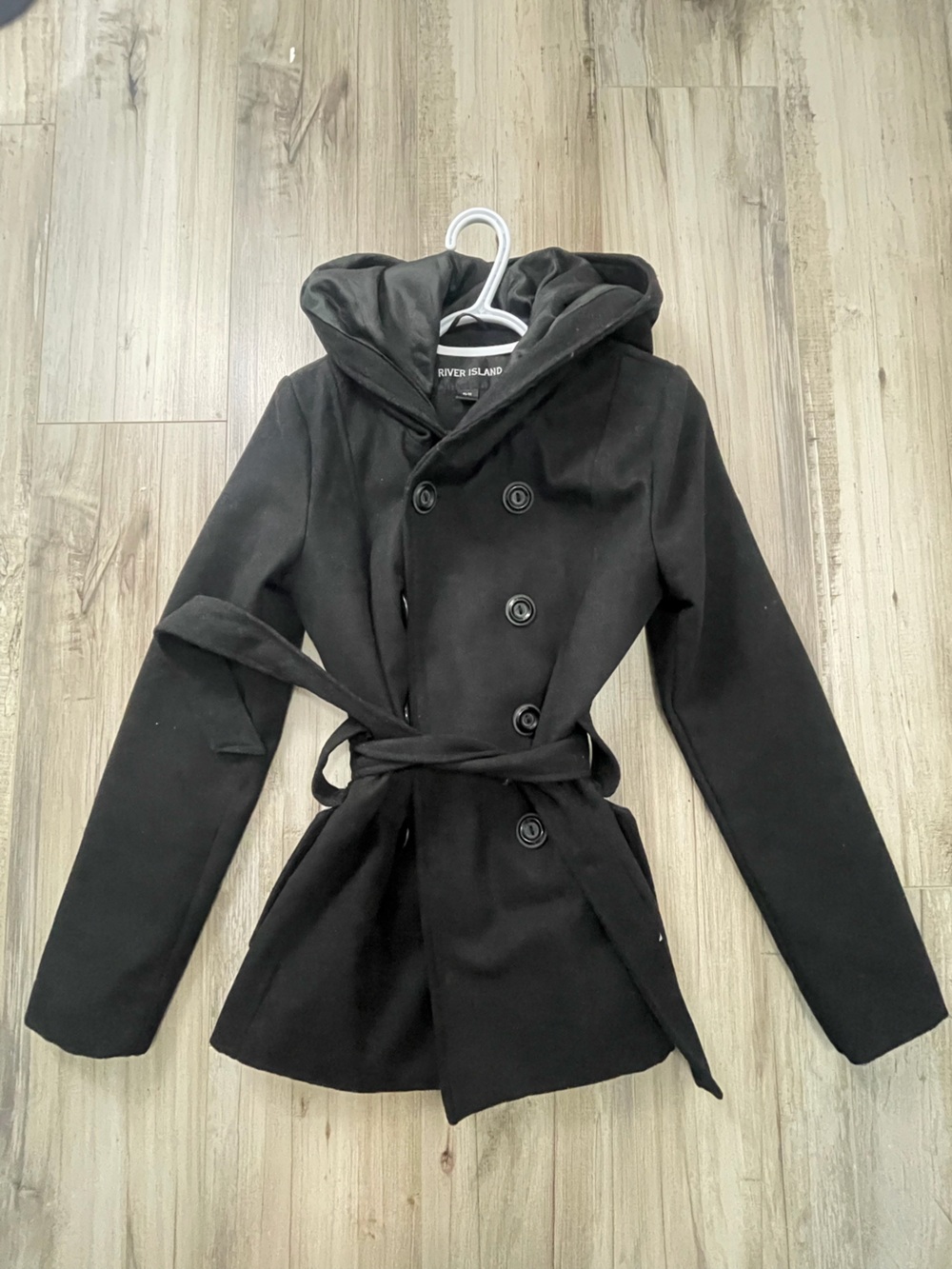 River Island Women’s Black Double-Breasted Pea Coat with Hood